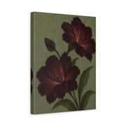 Unframed gallery wrapped canvas depicting two deep burgundy poppy blossoms with dark stems on an olive green backdrop
