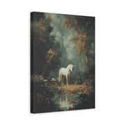 Unframed gallery wrapped canvas depicting a pale unicorn beside a reflective stream in a deep green forest