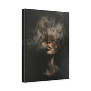 Unframed gallery wrapped canvas depicting a woman's face emerging through gray smoke and shadow with soft floral shapes