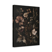 Unframed gallery wrapped canvas depicting soft blush, ivory, and mauve wildflowers arranged vertically against black