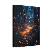 Unframed gallery wrapped canvas depicting a luminous winding path through dark blue pines dotted with golden fireflies