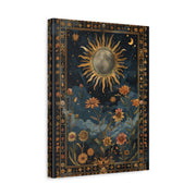 Unframed gallery wrapped canvas depicting an ornate gold sun and crescent moon surrounded by flowers against deep navy