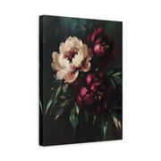 Unframed gallery wrapped canvas depicting cream and burgundy peony flowers with deep green leaves against a nearly black background