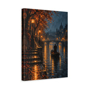Unframed gallery wrapped canvas depicting a rain-wet canal street with a small boat, amber lamps, and autumn trees