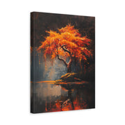 Unframed gallery wrapped canvas depicting a brilliant fiery orange tree reflected in still lake water at dusk
