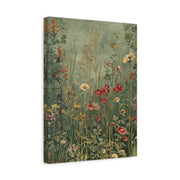 Unframed gallery wrapped canvas depicting tiny red, cream, and gold meadow flowers scattered across a sage green field