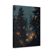 Unframed gallery wrapped canvas depicting tall blue-green pine trees scattered with warm firefly lights in evening mist