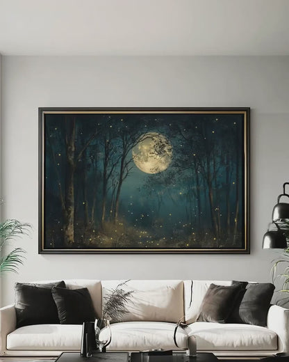 Moonlit Forest Canvas | Mystical Nature Art With Fireflies Wall Decor