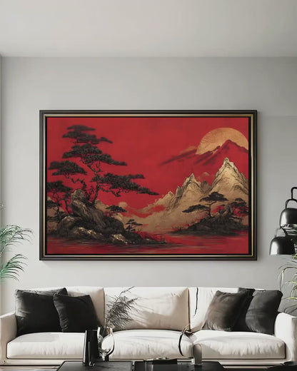 Asian Inspired Canvas - Mountain Landscape Art | Dramatic Red Gold Wall Print