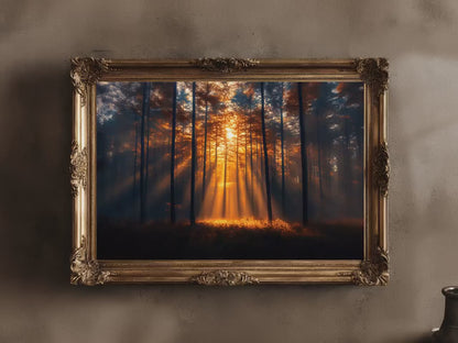 Rustic Autumn Wall Art - Misty Forest Canvas | Golden Sunrise Landscape Decor