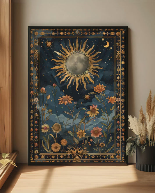 Celestial Sun and Wildflower Wall Art – Mystical Boho Print (Poster, Canvas, Framed)
