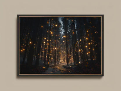 Enchanted Forest Print – Mystical Woodland Art with Fairy Light Wall Decor