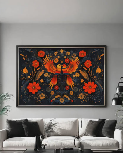 Mexican Folk Art Print – Colorful Wall Decor With Exotic Birds & Vibrant Flowers
