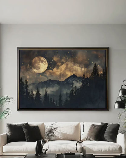 Moonlit Forest Canvas Misty Mountain Art – Moody Wall Decor With Full Moon Landscape