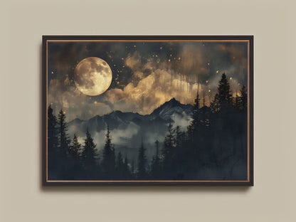 Moody Moonlit Mountain Art – Framed Celestial Canvas Print | Dark Art Decor