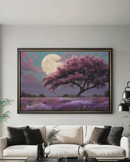 Celestial Wall Art – Moonlit Tree Artwork on Lavender Field Canvas Print