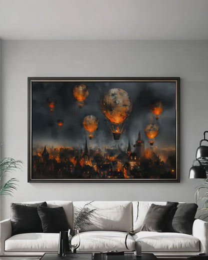 Steampunk Wall Art – Fantasy Cityscape Hot Air Balloon Canvas Print