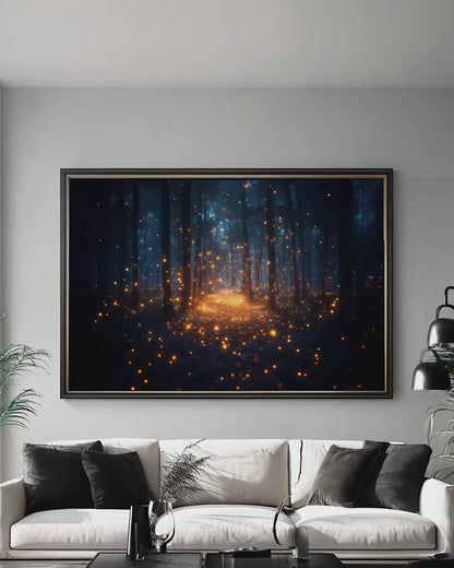 Enchanted Forest Wall Art – Moody Fantasy Print with Glowing Fireflies Decor