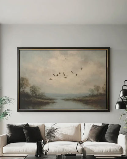 Lake Landscape Wall Art - Serene Birds In Flight Canvas Print For Living Room