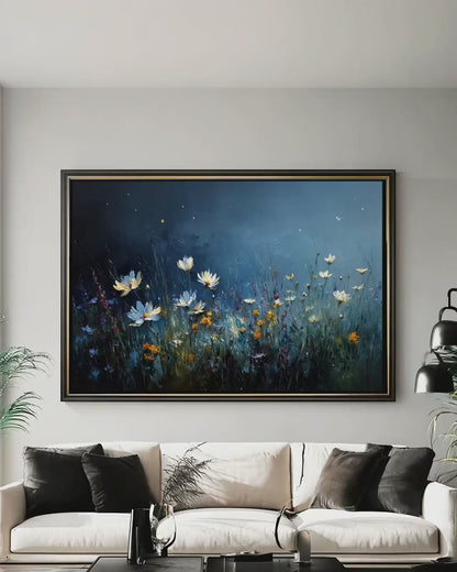 Starry Night Wall Art – Wildflower Canvas With Magical Floral Print, Boho Decor