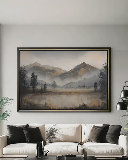 Misty Mountain Wall Art - Neutral Landscape Poster | Rustic Framed Canvas Decor
