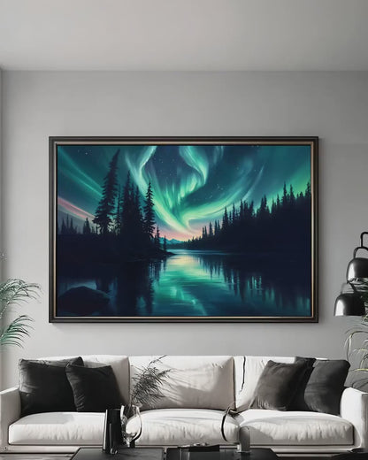 Aurora Borealis Canvas Print – Moody Forest Lake Scenic Night Sky Wall Art