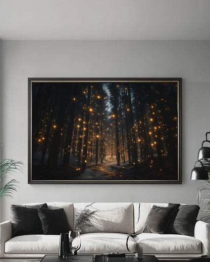 Enchanted Forest Print – Magical Woodland Fantasy Art with Glowing Firefly Lights