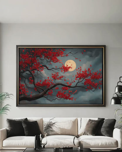 Asian Inspired Wall Art – Japanese Moon Art Canvas | Cherry Blossom & Red Moon