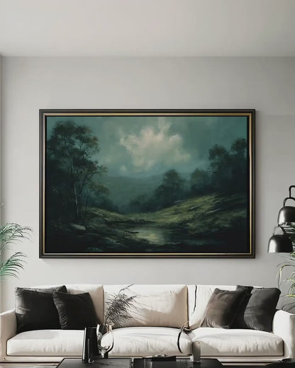 Moody Green Landscape Art - Misty Mountain Valley Canvas Print | Tranquil Wall Decor