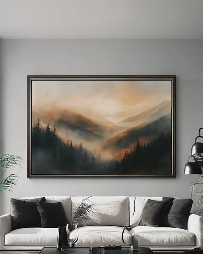 Moody Mountain Canvas Art - Misty Forest Print | Golden Hour Landscape Decor